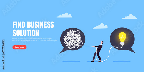 Unravel business chaos process with tangle difficult problem mess business concept flat style design vector illustration. Chaos to order, complex to simple metaphor with person trying solve mess cable