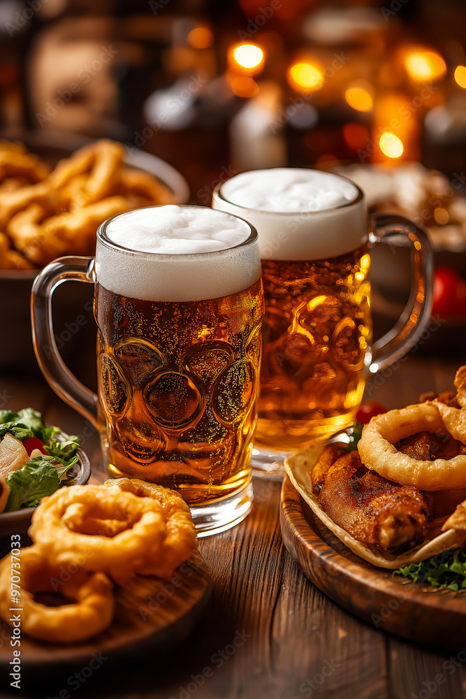 Beer mugs. Two beer mugs surrounded by appetizing pub food in a rustic restaurant Beer mugs. Two beer mugs surrounded by appetizing pub food in a rustic restaurant