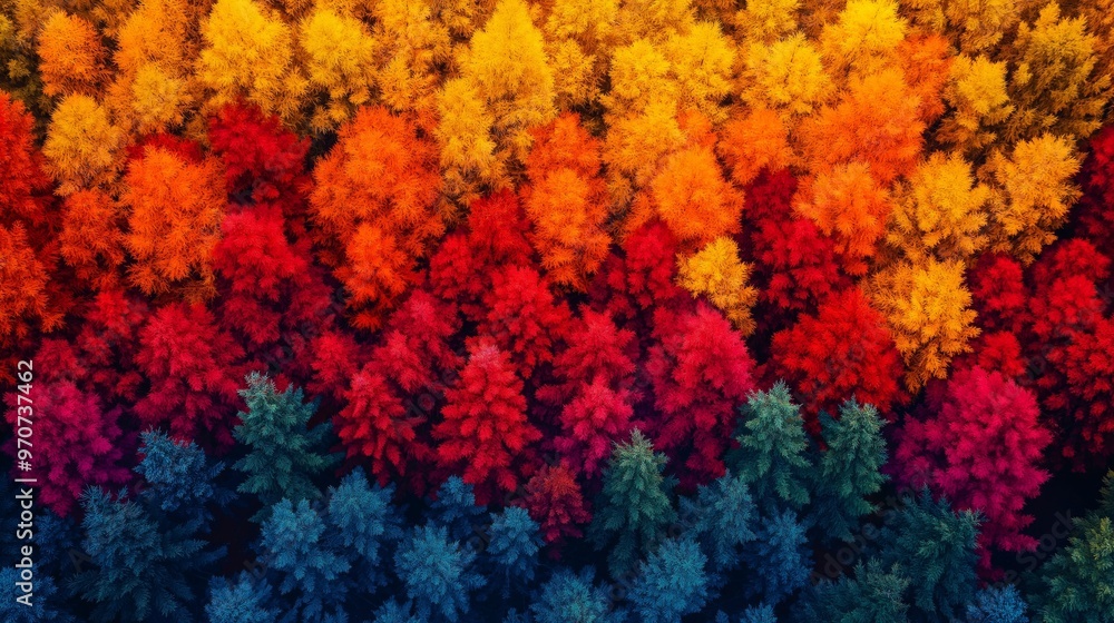 A stunning aerial view of a vibrant autumn forest, with trees displaying an array of colors from red and orange to yellow, creating a mesmerizing gradient of seasonal foliage A stunning aerial view of a vibrant autumn forest, with trees displaying an array of colors from red and orange to yellow, creating a mesmerizing gradient of seasonal foliage