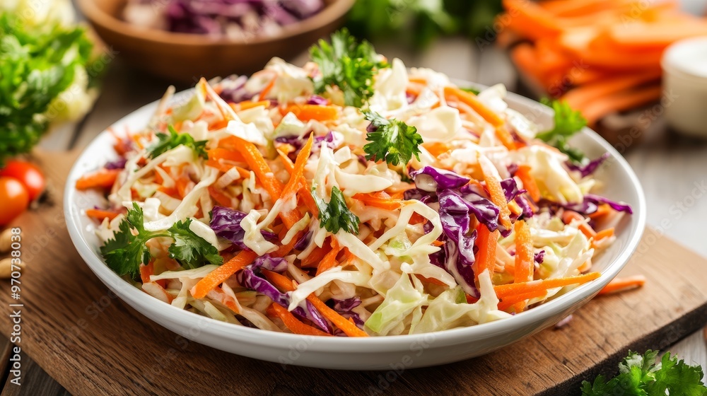 Coleslaw salad with carrot and cabbage on a white bowl. Coleslaw salad with carrot and cabbage on a white bowl.