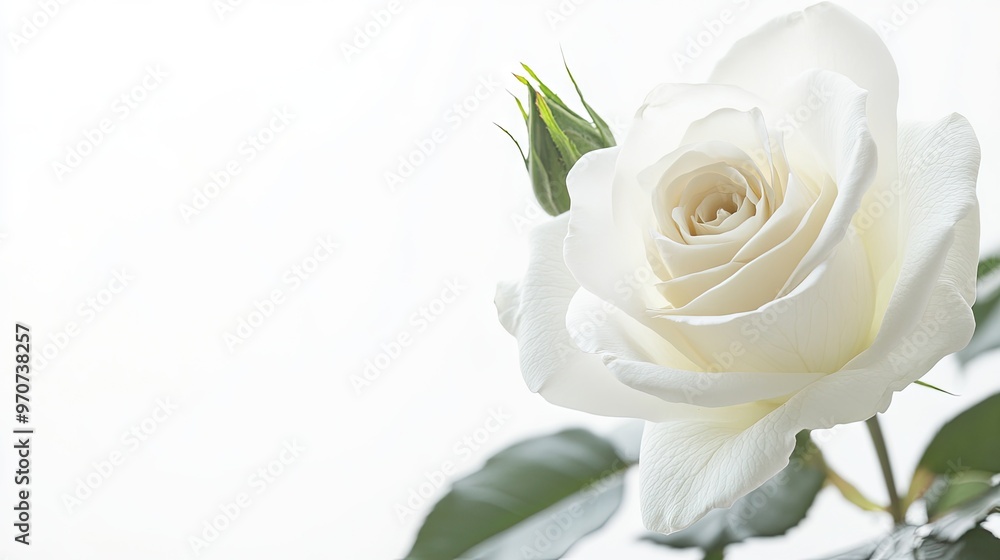 A close-up of an elegant white rose in bloom, isolated on a white background for a simple, timeless look. A close-up of an elegant white rose in bloom, isolated on a white background for a simple, timeless look.