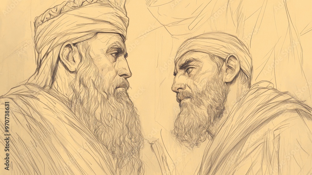 Fototapeta premium 1 Kings Art: Solomon Contemplating the Queen of Sheba’s Visit, Wisdom and Wealth Exchanged, Biblical Illustration on Beige Background for Bible Wall Art