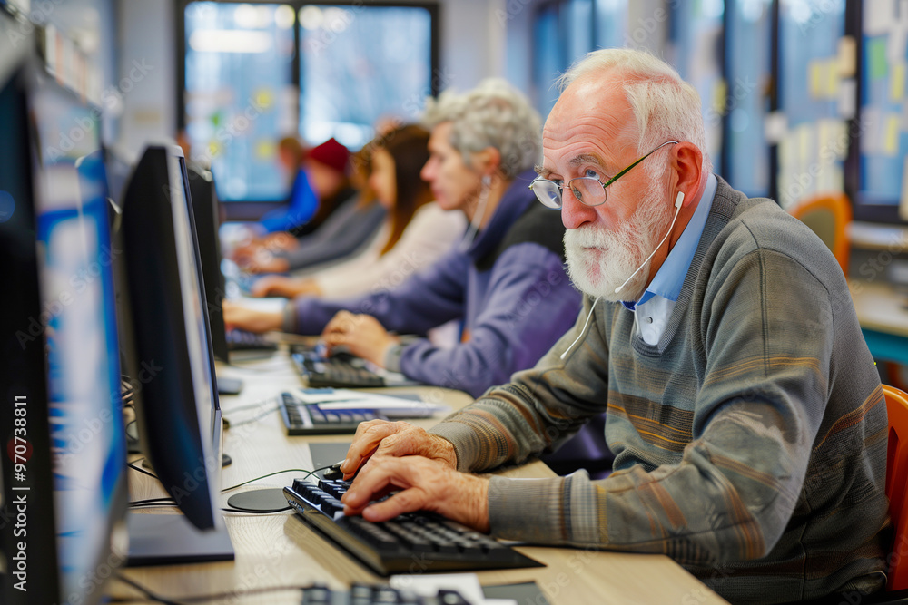 Senior man engaging in computer learning, symbolizing lifelong education and digital literacy. Perfect for educational content, Senior man engaging in computer learning, symbolizing lifelong education and digital literacy. Perfect for educational content,