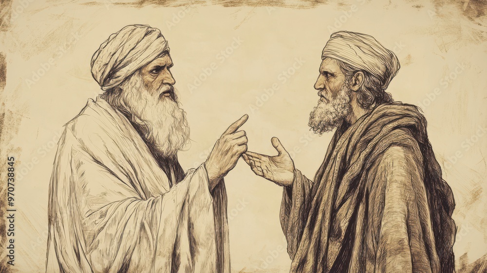 Fototapeta premium Azariah’s Message to King Asa: A Blend of Encouragement and Divine Warning, 1 Kings Biblical Illustration, Bible Wall Art, Beige Background