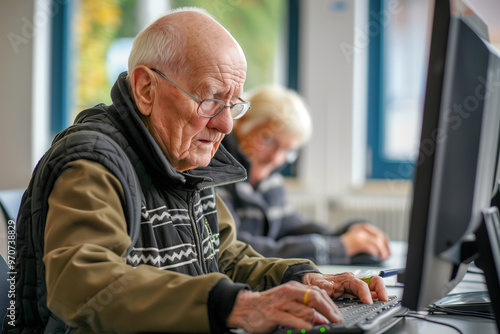 Senior man engaging in computer learning, symbolizing lifelong education and digital literacy. Perfect for educational content,