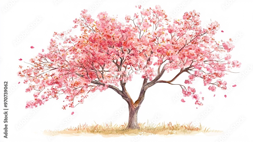 Fototapeta premium 18. Vector watercolor blooming flower tree side view isolated on white background for landscape and architecture drawing, elements for environment or and garden, Sakura trees for section. Artistic