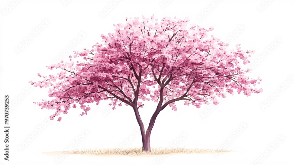Fototapeta premium 20. Vector watercolor blooming flower tree side view isolated on white background for landscape and architecture drawing, elements for environment or and garden, Sakura trees for section. Elegant