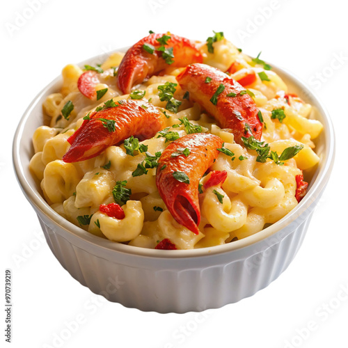 A dish of lobster mac and cheese isolated on transparent background.