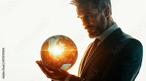 A businessman holding a glo...