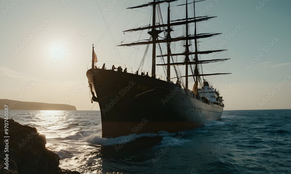 Majestic tall ship sailing near rocky coast at sunset Majestic tall ship sailing near rocky coast at sunset