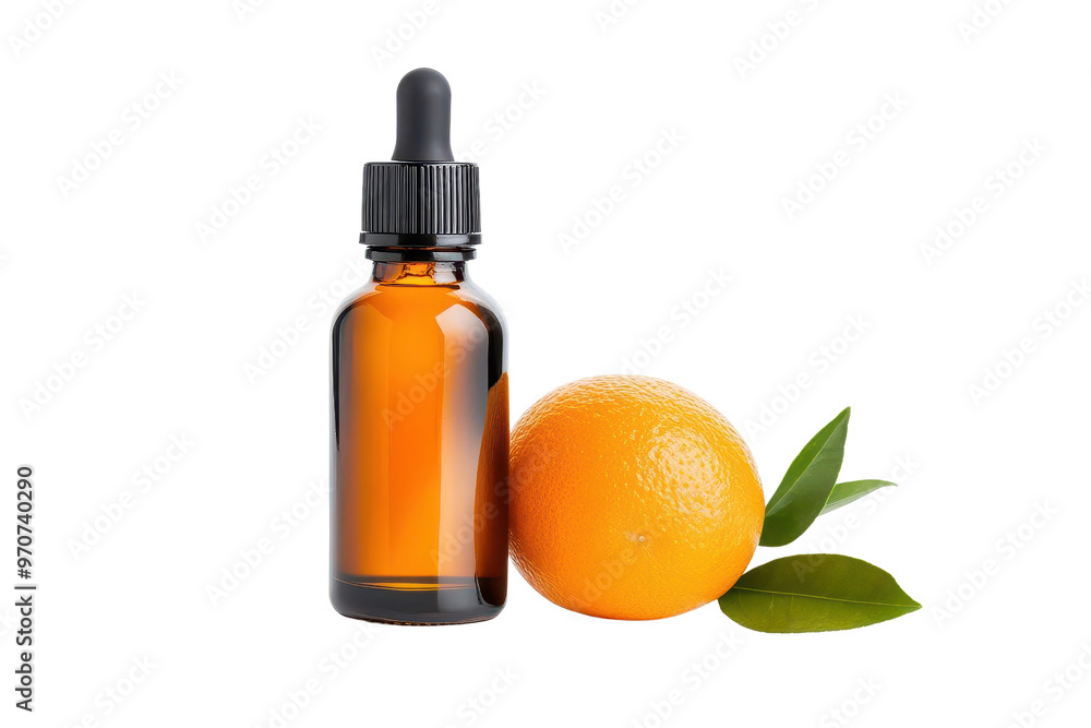 A clear glass dropper bottle filled with orange essential oil next to a fresh orange and green leaves, perfect for wellness themes. A clear glass dropper bottle filled with orange essential oil next to a fresh orange and green leaves, perfect for wellness themes.