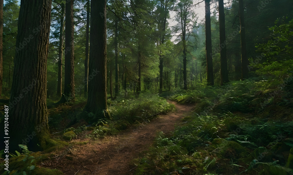 Hiking trail winding through a lush green forest Hiking trail winding through a lush green forest