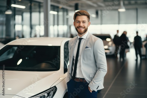 Wallpaper Mural A well-groomed man in a light suit stands confidently beside a sleek white car, radiating professionalism in an elegant showroom setting. Torontodigital.ca