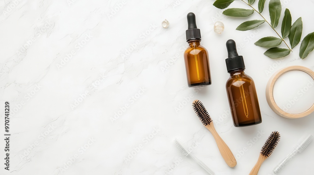 Minimalist flatlay of serum bottles and beauty tools on a white marble surface, top view, clean composition Minimalist flatlay of serum bottles and beauty tools on a white marble surface, top view, clean composition