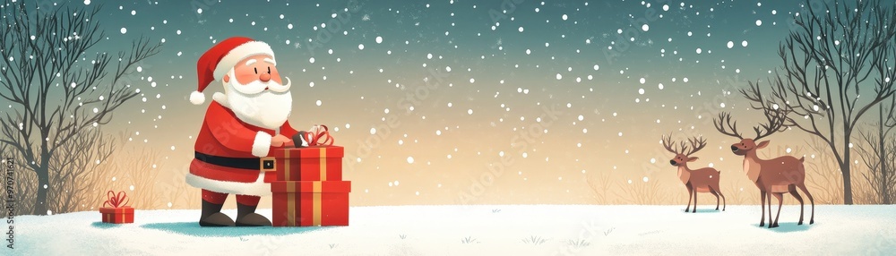 Santa preparing gifts in snowy landscape, reindeer waiting nearby, cheerful holiday mood, flat design illustration Santa preparing gifts in snowy landscape, reindeer waiting nearby, cheerful holiday mood, flat design illustration