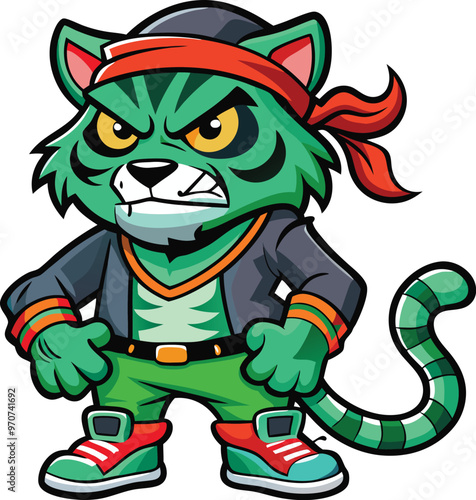 Fierce Green Pirate Tiger Sticker with Red Sneakers. Generated With AI