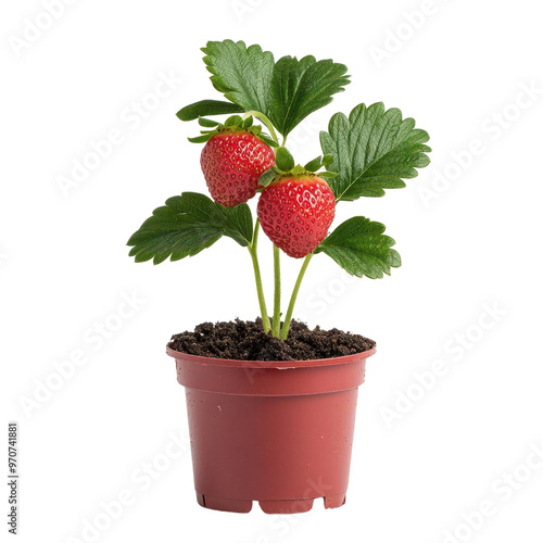 A vibrant strawberry plant in a pot, showcasing bright red strawberries and lush green leaves, perfect for gardening and culinary inspiration.