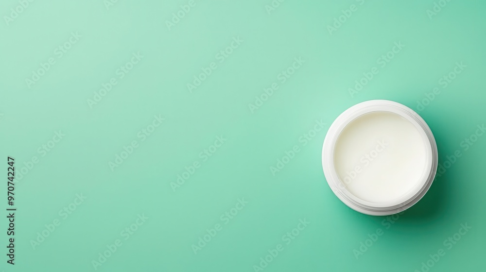 Minimalist flatlay of a moisturizer jar on a soft pastel green background, clean lines, top view Minimalist flatlay of a moisturizer jar on a soft pastel green background, clean lines, top view