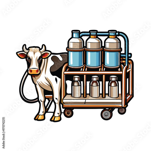 Illustration of a cow being milked by an automatic milking machine.