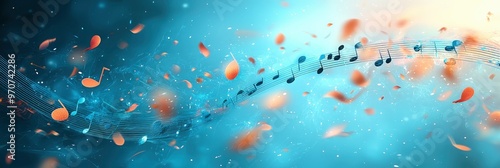 Abstract Music Notes with Falling Petals on a Blue Background