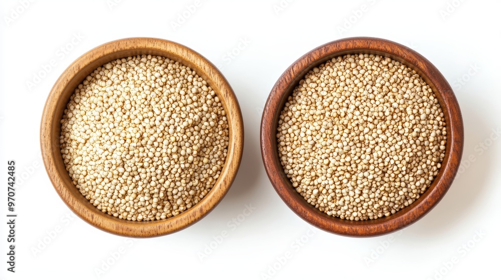 Bowl with quinoa isolated on white background. Close up. Grain quinoa on white background. Whole grain quinoa. Top view and front view image with copy space. Bowl with quinoa isolated on white background. Close up. Grain quinoa on white background. Whole grain quinoa. Top view and front view image with copy space.