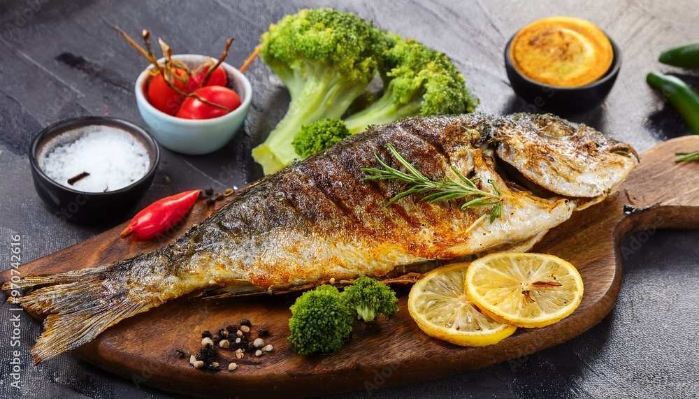Roasted grilled dorado or sea bream fish with lemon, organic healthy products Roasted grilled dorado or sea bream fish with lemon, organic healthy products