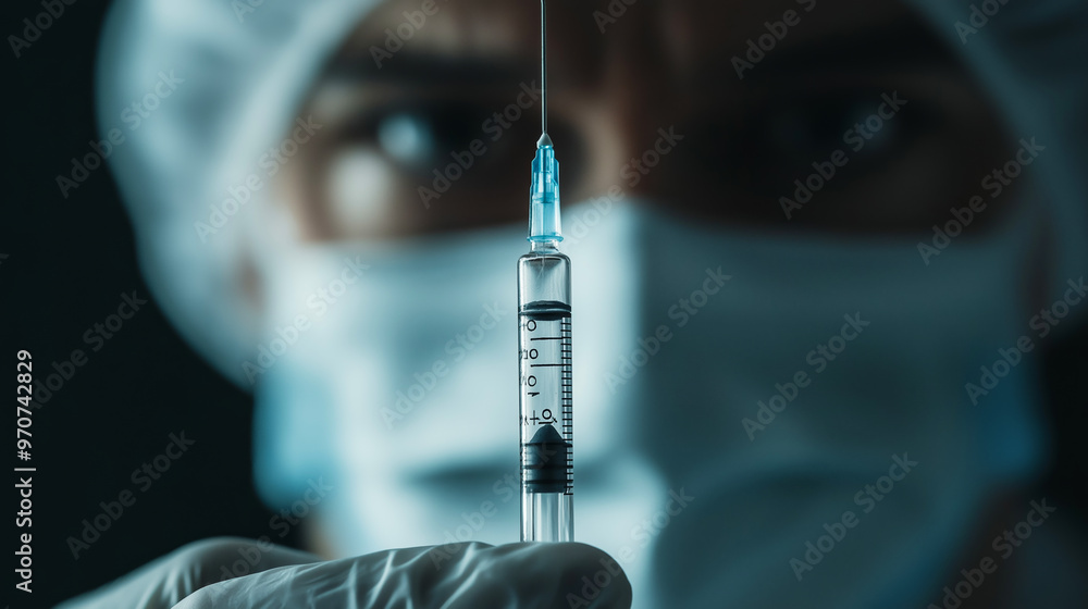 Doctor with a syringe. Doping concept. Vaccination background