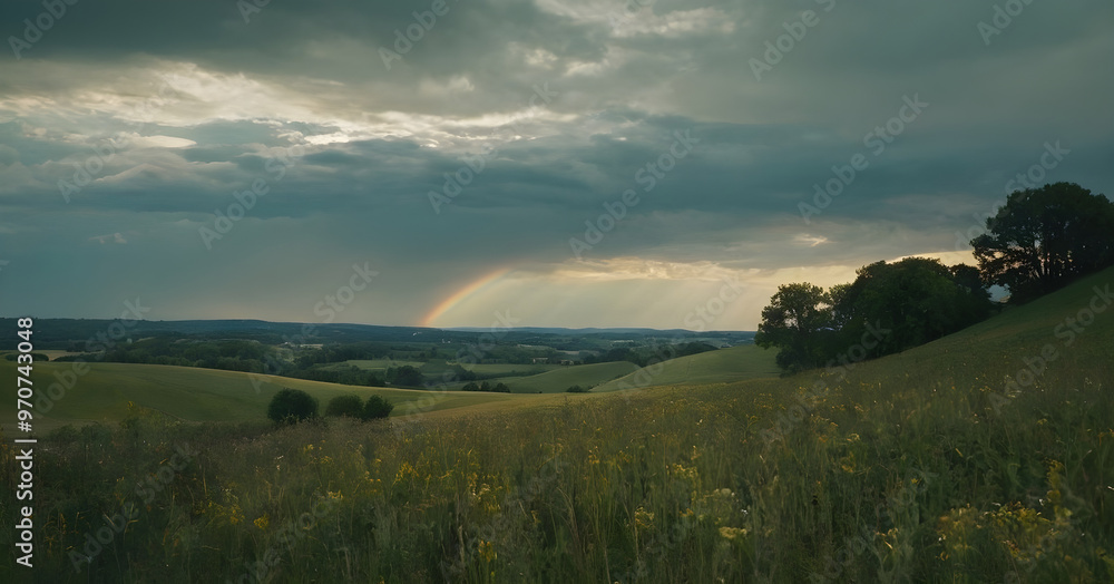 Fototapeta premium Rainbow forming over rolling hills with wildflowers