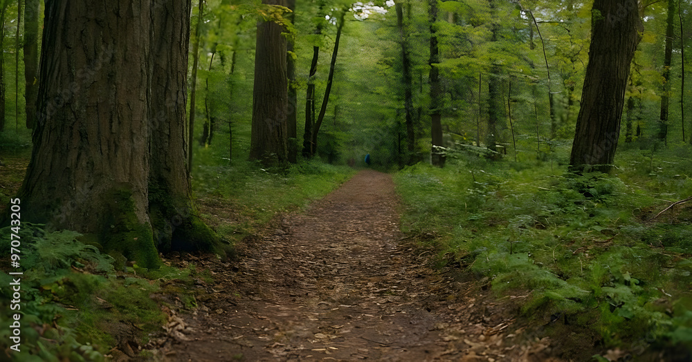 Fototapeta premium Hiking trail winding through lush green forest in summer