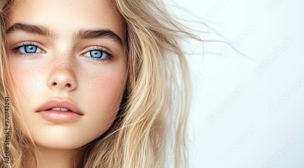 Fototapeta premium Gros plan du visage d'une jeune fille adolescente, blonde aux yeux bleus, peau impeccable, sur fond blanc, image avec espace pour texte.
