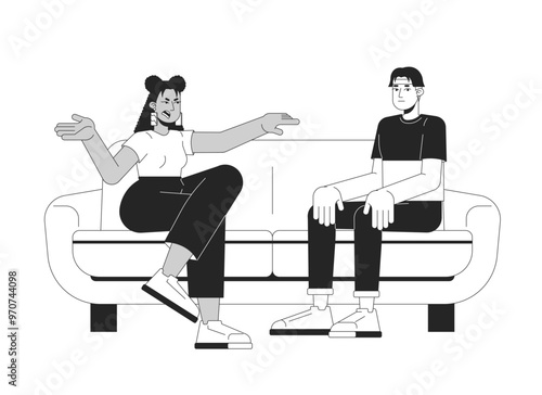 Aggressive woman criticizing guiltless man black and white 2D line characters. Conflict couple sitting couch isolated vector outline people. Annoyed mad female. Monochromatic spot illustration