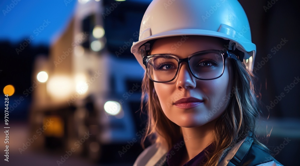 Portrait d'une jolie femme ingénieur portant des lunettes et un casque, avec en arrière-plan un camion, la nuit. Portrait d'une jolie femme ingénieur portant des lunettes et un casque, avec en arrière-plan un camion, la nuit.
