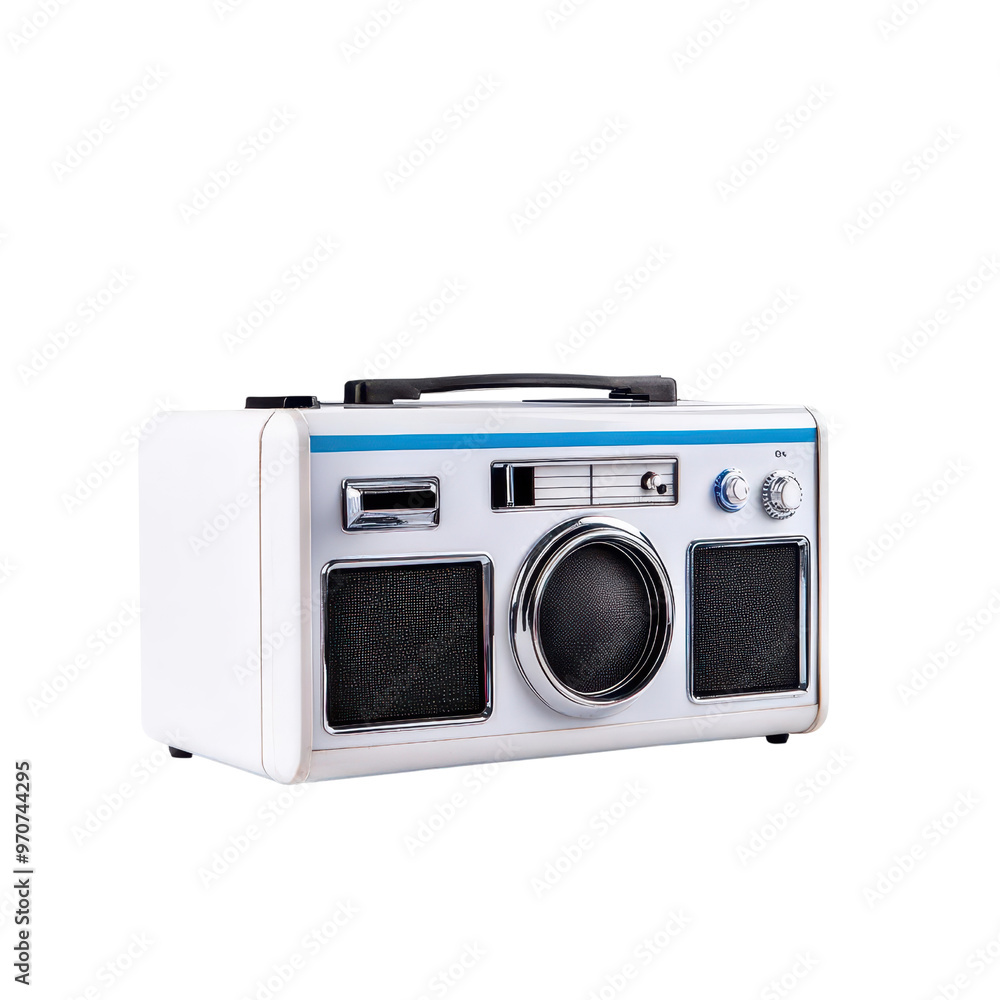 Retro white radio with blue accents, perfect for vintage-themed designs, music nostalgia, and interior decor. Retro white radio with blue accents, perfect for vintage-themed designs, music nostalgia, and interior decor.