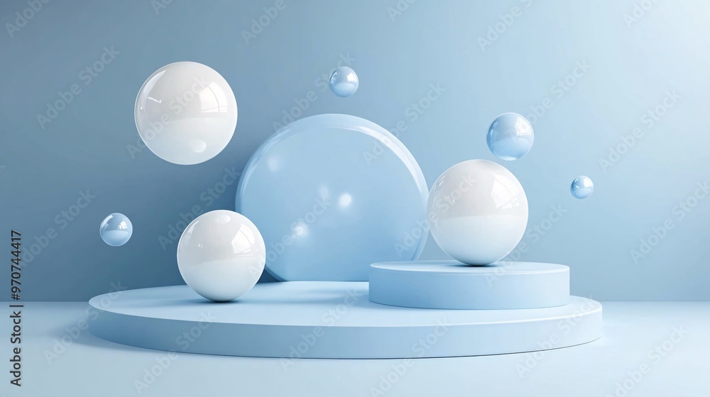 88. 3D blue product podium background with white, blue bounce balls. Abstract composition in minimal design. Studio showroom product pedestal, fashion showcase mockup scene. Vector banner showcase 88. 3D blue product podium background with white, blue bounce balls. Abstract composition in minimal design. Studio showroom product pedestal, fashion showcase mockup scene. Vector banner showcase