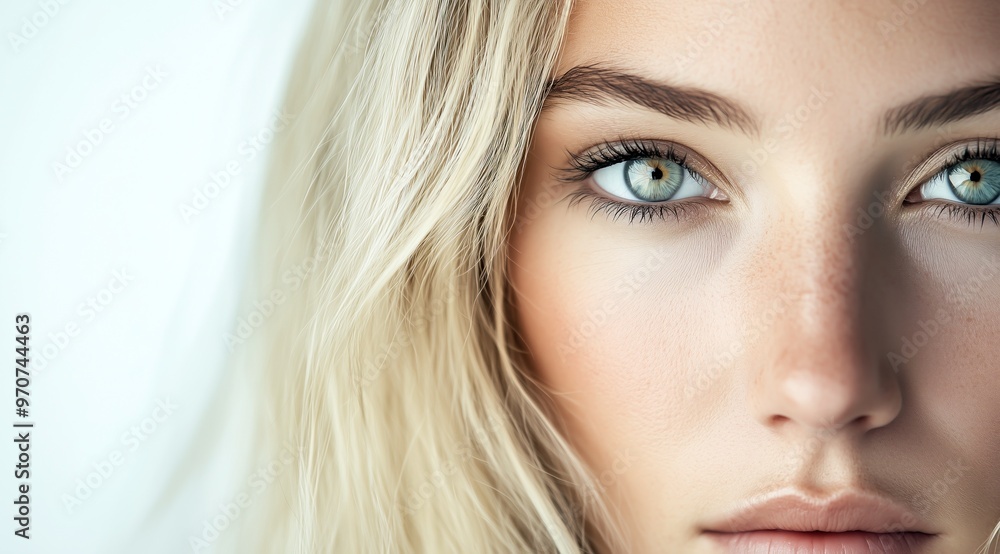 Gros plan du visage d'une magnifique fille blonde aux yeux clair, peau impeccable, sur fond blanc, représentant les services offerts par un spa ou un salon de maquillage, image avec espace pour texte. Gros plan du visage d'une magnifique fille blonde aux yeux clair, peau impeccable, sur fond blanc, représentant les services offerts par un spa ou un salon de maquillage, image avec espace pour texte.
