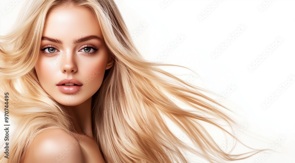 Belle femme blonde aux yeux captivants et aux cheveux longs sur fond blanc représentant les services offerts par un spa ou un salon de maquillage, image avec espace pour texte. Belle femme blonde aux yeux captivants et aux cheveux longs sur fond blanc représentant les services offerts par un spa ou un salon de maquillage, image avec espace pour texte.