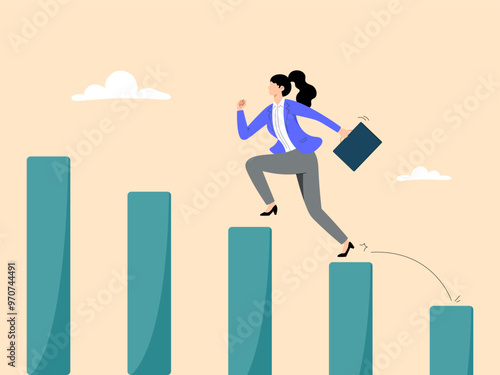 Success business woman steps up growing bar graph stairs