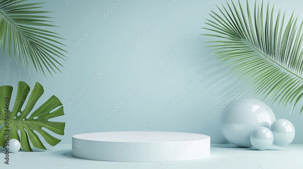 91. Abstract white cylinder pedestal podium, light blue empty room with green palm leaf, blue and white sphere. Vector rendering 3d shape, product display presentation. Pastel room minimal wall 91. Abstract white cylinder pedestal podium, light blue empty room with green palm leaf, blue and white sphere. Vector rendering 3d shape, product display presentation. Pastel room minimal wall