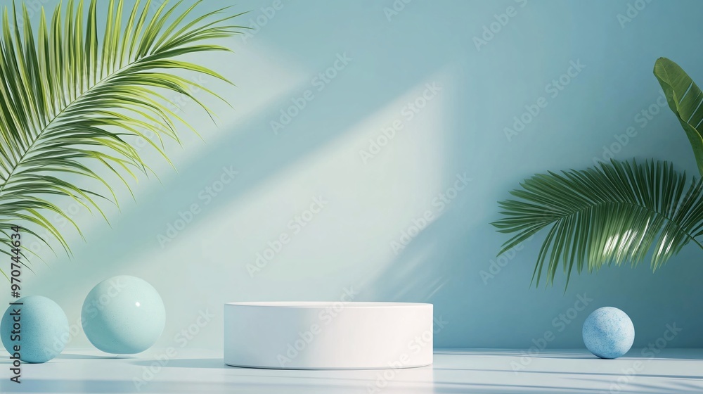 91. Abstract white cylinder pedestal podium, light blue empty room with green palm leaf, blue and white sphere. Vector rendering 3d shape, product display presentation. Pastel room minimal wall