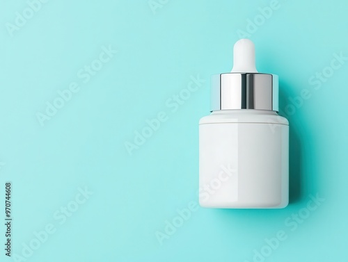 Flatlay of a cream jar and dropper arranged neatly on a pastel blue surface, minimalist aesthetic, top view