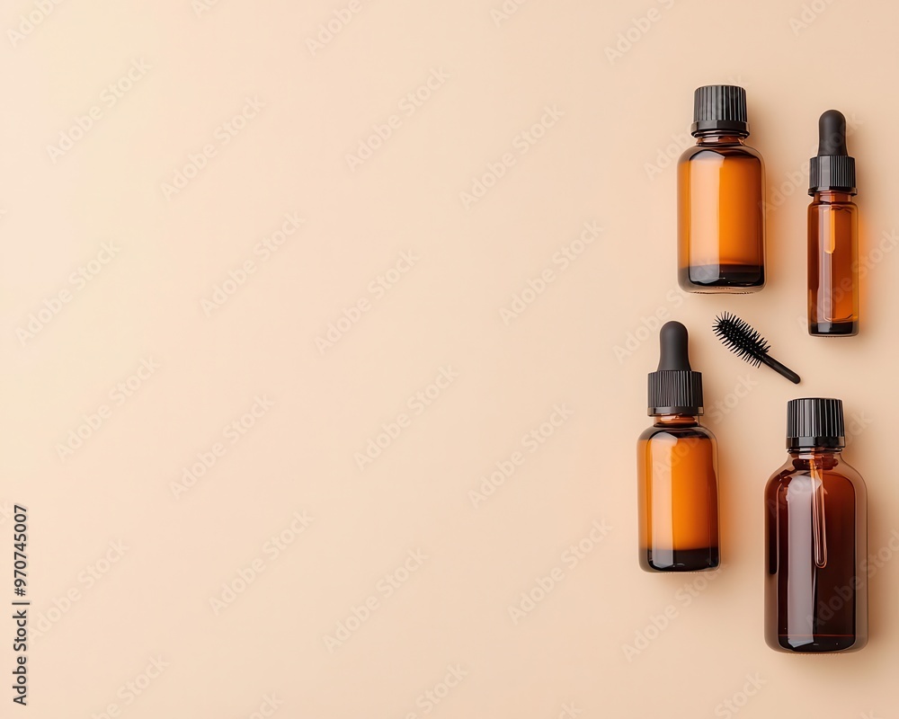 Minimalist flatlay of serum bottles and beauty tools on a white marble surface, top view, clean composition Minimalist flatlay of serum bottles and beauty tools on a white marble surface, top view, clean composition