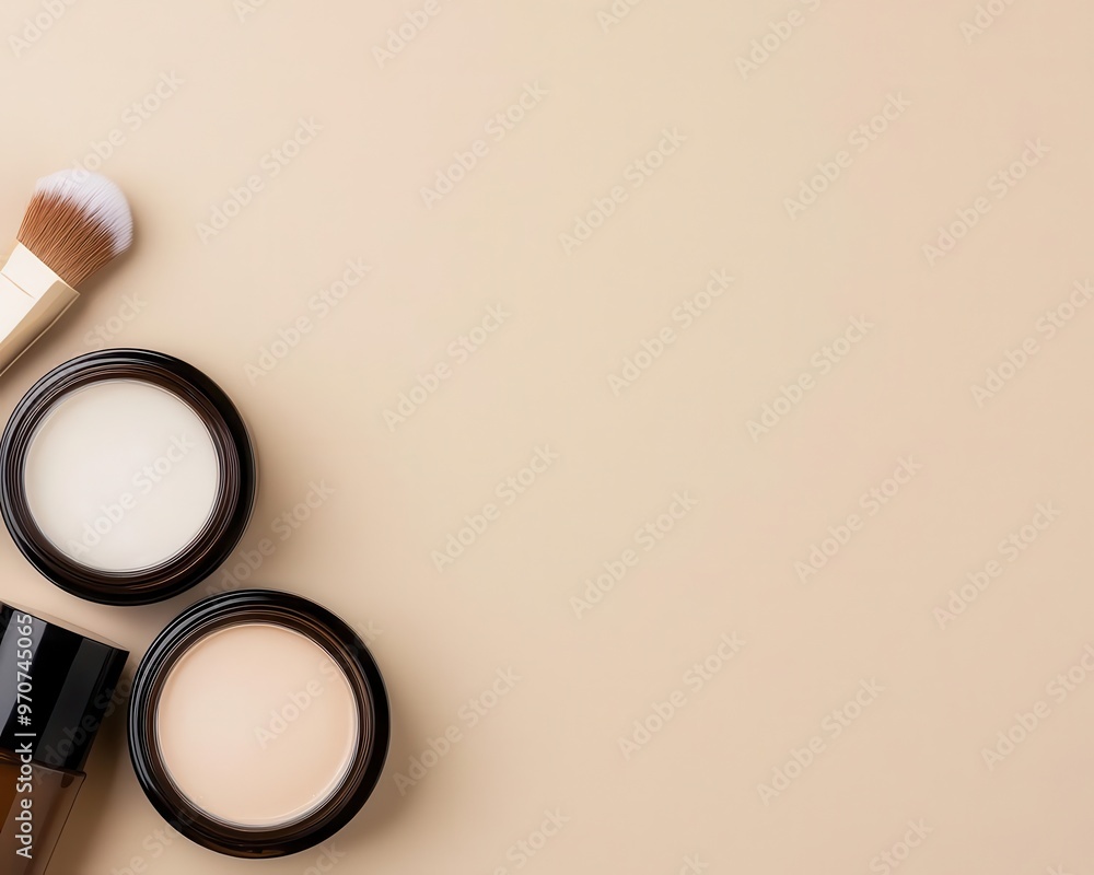 Flatlay of a moisturizer jar and beauty tools on a beige surface, minimalist and elegant composition, top view Flatlay of a moisturizer jar and beauty tools on a beige surface, minimalist and elegant composition, top view