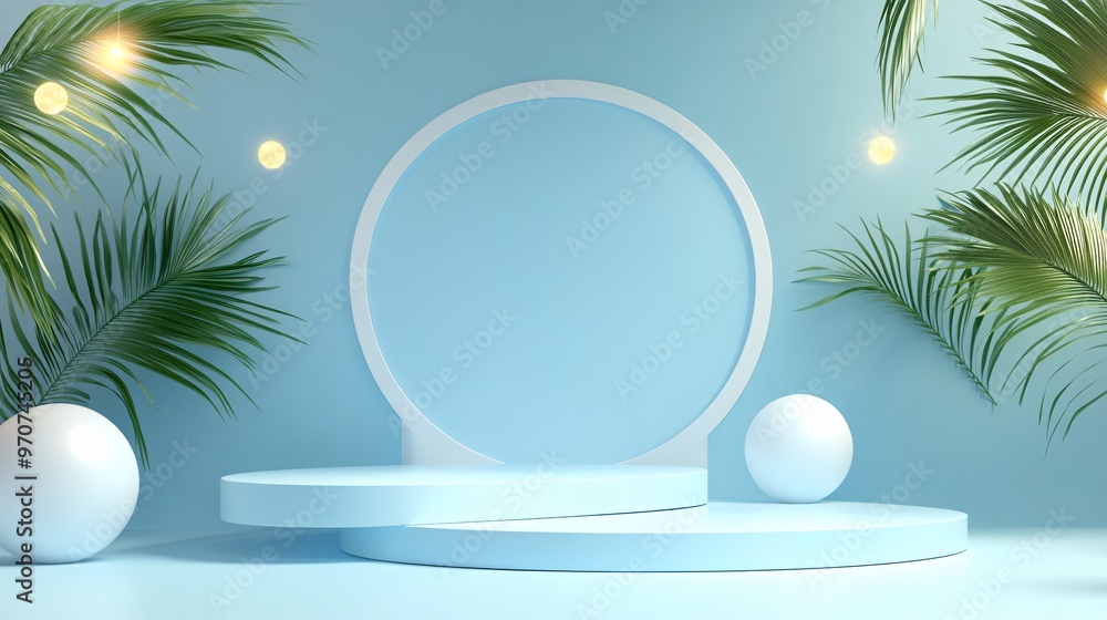 100. 3D realistic empty studio room white and blue cylinder podium stand with circle backdrop decoration sphere light balls and palm leaves on minimal wall scene blue background. Product display. 100. 3D realistic empty studio room white and blue cylinder podium stand with circle backdrop decoration sphere light balls and palm leaves on minimal wall scene blue background. Product display.