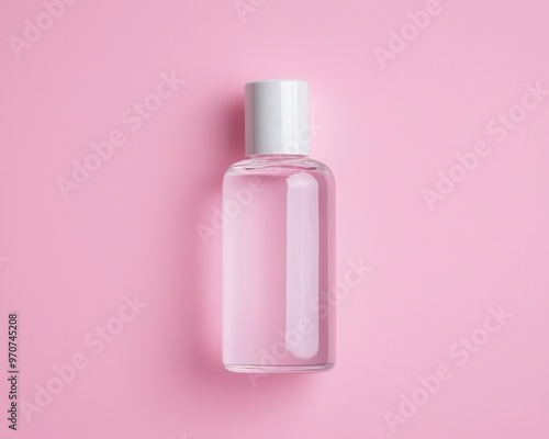 Single serum bottle in the center of a flatlay, minimalist layout, pastel pink background, soft shadows, top view