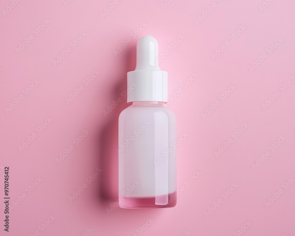 Single serum bottle in the center of a flatlay, minimalist layout, pastel pink background, soft shadows, top view Single serum bottle in the center of a flatlay, minimalist layout, pastel pink background, soft shadows, top view