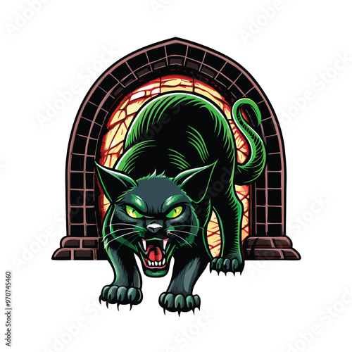 A black cat with glowing eyes emerging from a brick archway.