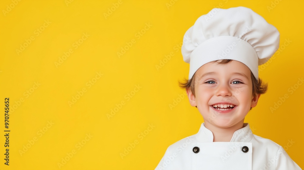Young child with a chef's hat and coat smiles joyfully against a vibrant yellow background. Young child with a chef's hat and coat smiles joyfully against a vibrant yellow background.