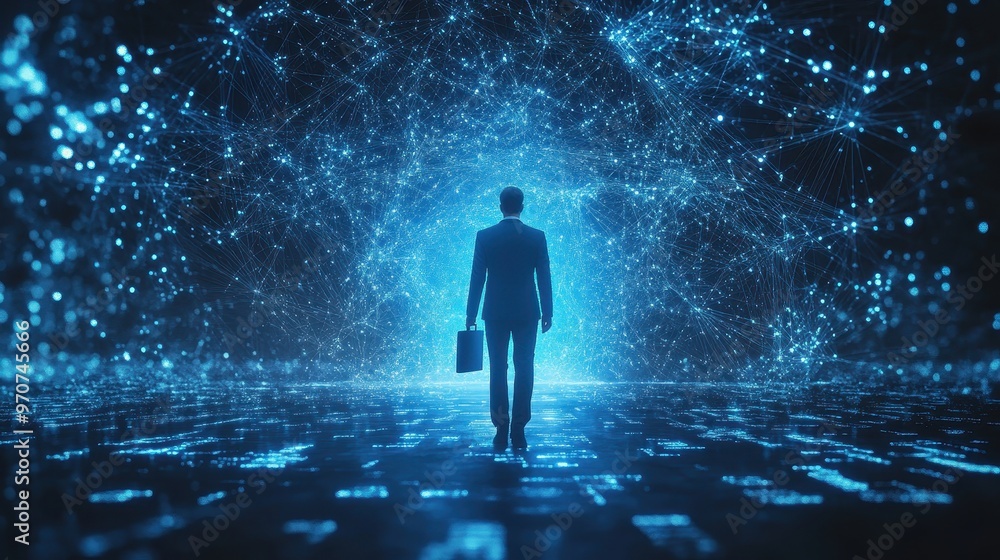 A businessman walks into a digital galaxy, symbolizing innovation, technology, and the future of corporate growth. A businessman walks into a digital galaxy, symbolizing innovation, technology, and the future of corporate growth.