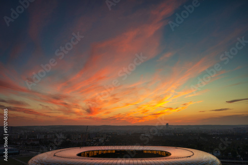 Aerial landscape with amber shape stadium in Gdansk at sunset, Poland.