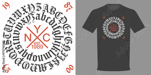 Vector illustration t-shirt NYC. Retro GOTHIC font in circle. Brooklyn, Queens, Harlem, Bronx. Sticker, decal, typography poster for printing. Old style written on outline. Calligraphic patterns